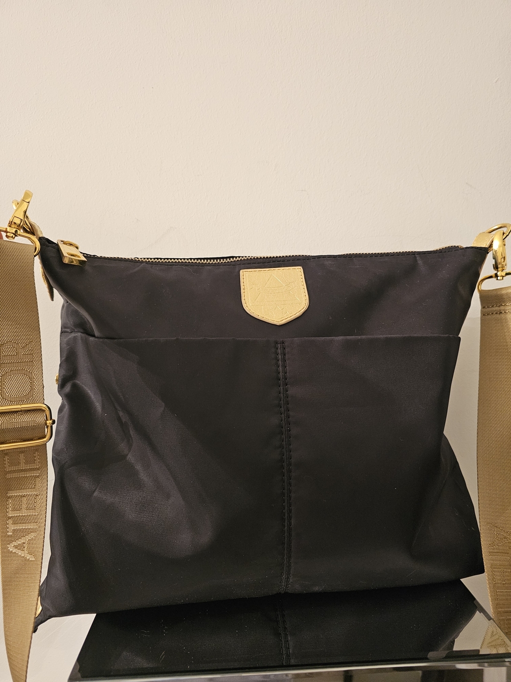 Black Crossbody Bag with Tan Strap
